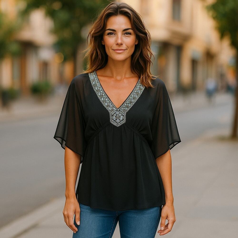 White House Black Market Beaded V Neck Kimono Blouse with Tie Waist Petite Small